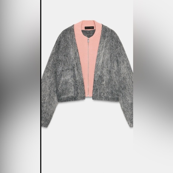 Zara Brushed Knit Zip Cardigan Gray Pink Size Small NWT - Picture 4 of 12